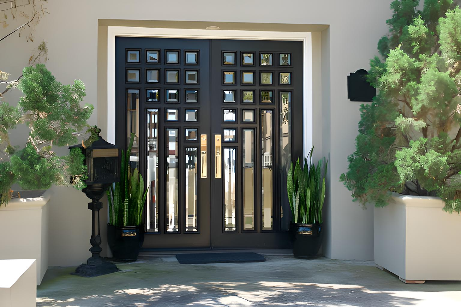 Double black doors with glass panels set in a white frame in egg harbor township, nj installed by quality affordable construction llc