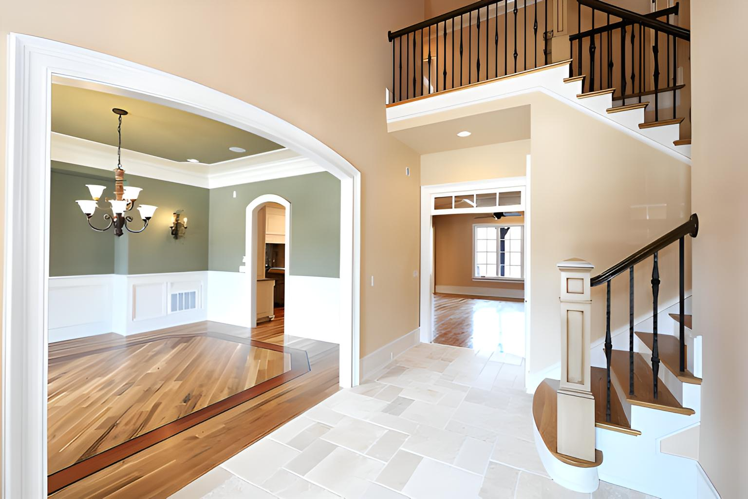 entryway with wooden floors, stairs, and archway leading to a dining room with chandelier in northfield, nj remodeled by quality affordable construction llc
