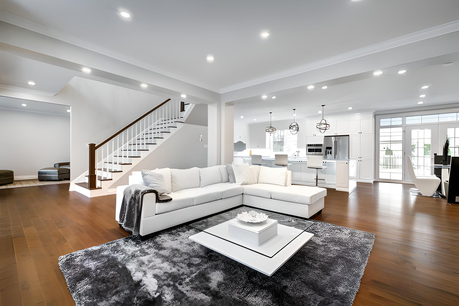 a spacious, modern living room with a white sectional sofa, hardwood floors, and a staircase in linwood, nj remodeled by quality affordable construction llc