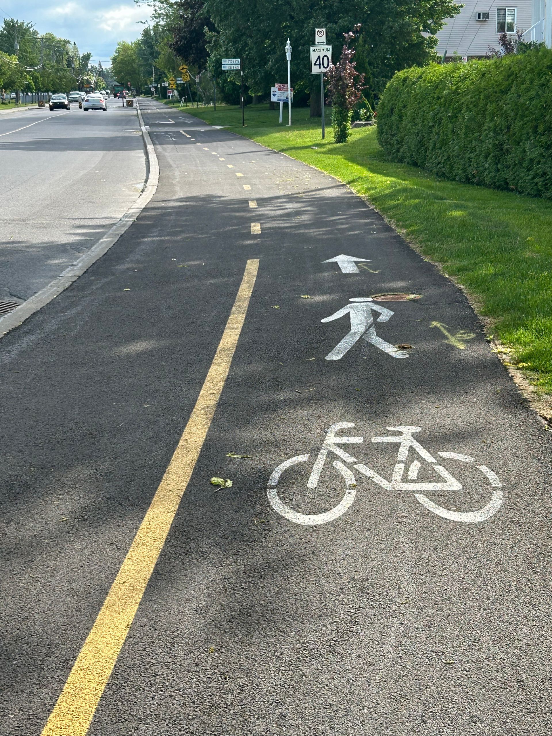 Une piste cyclable est peinte sur le bord de la route.