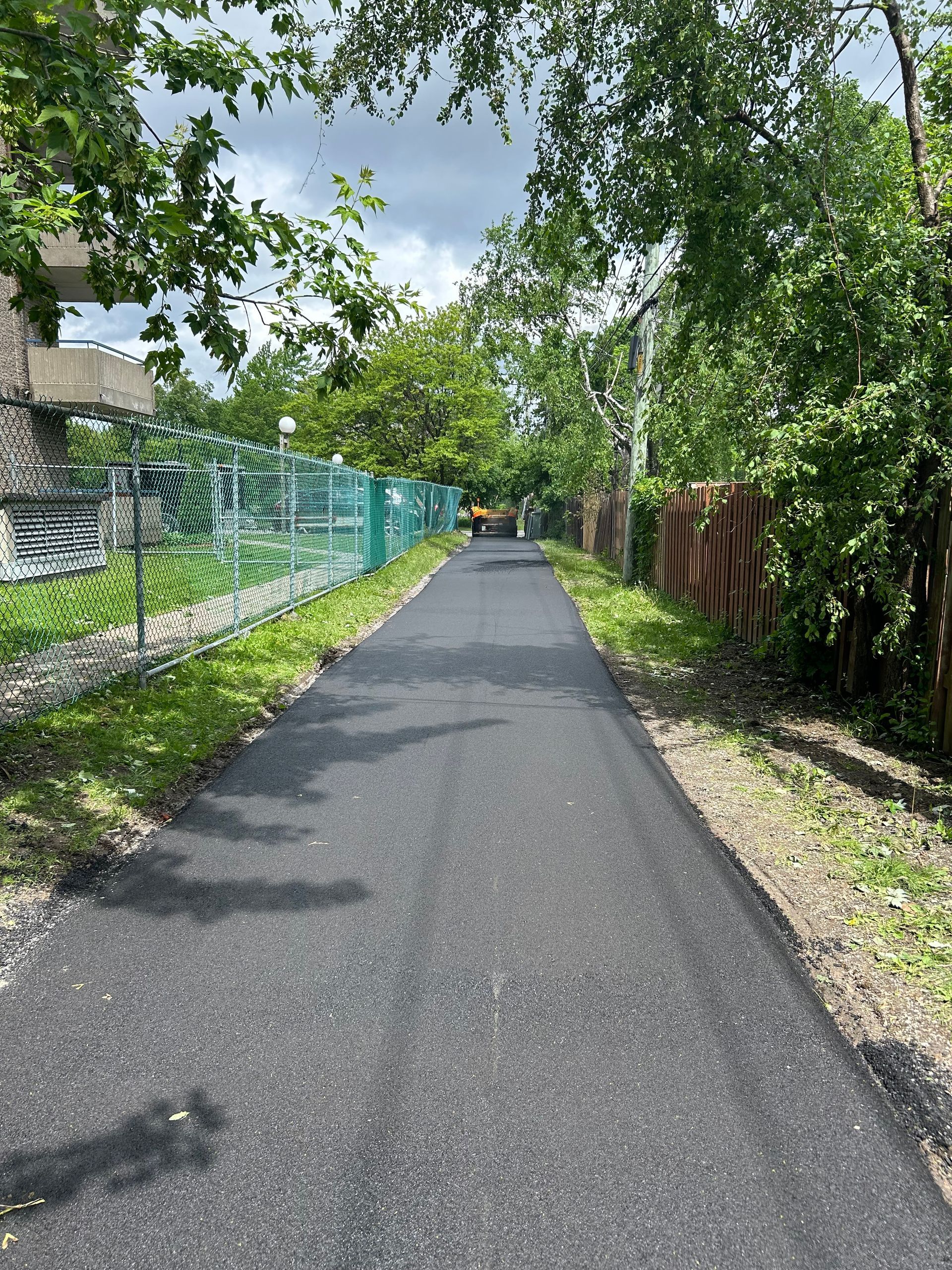 Une route avec des arbres des deux côtés et une clôture en arrière-plan.