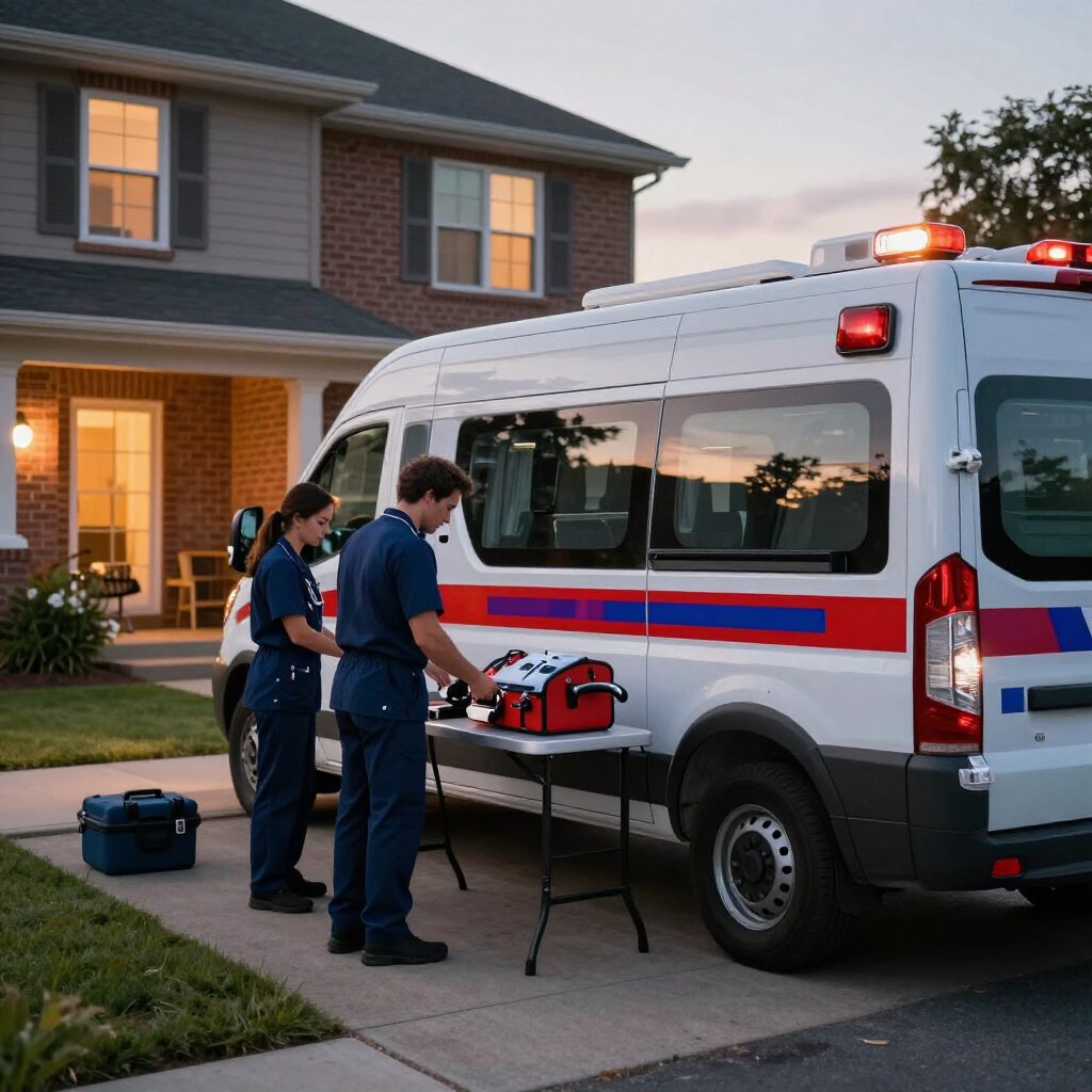 Paramédicos preparando el equipo junto a una ambulancia frente a una casa suburbana al anochecer.