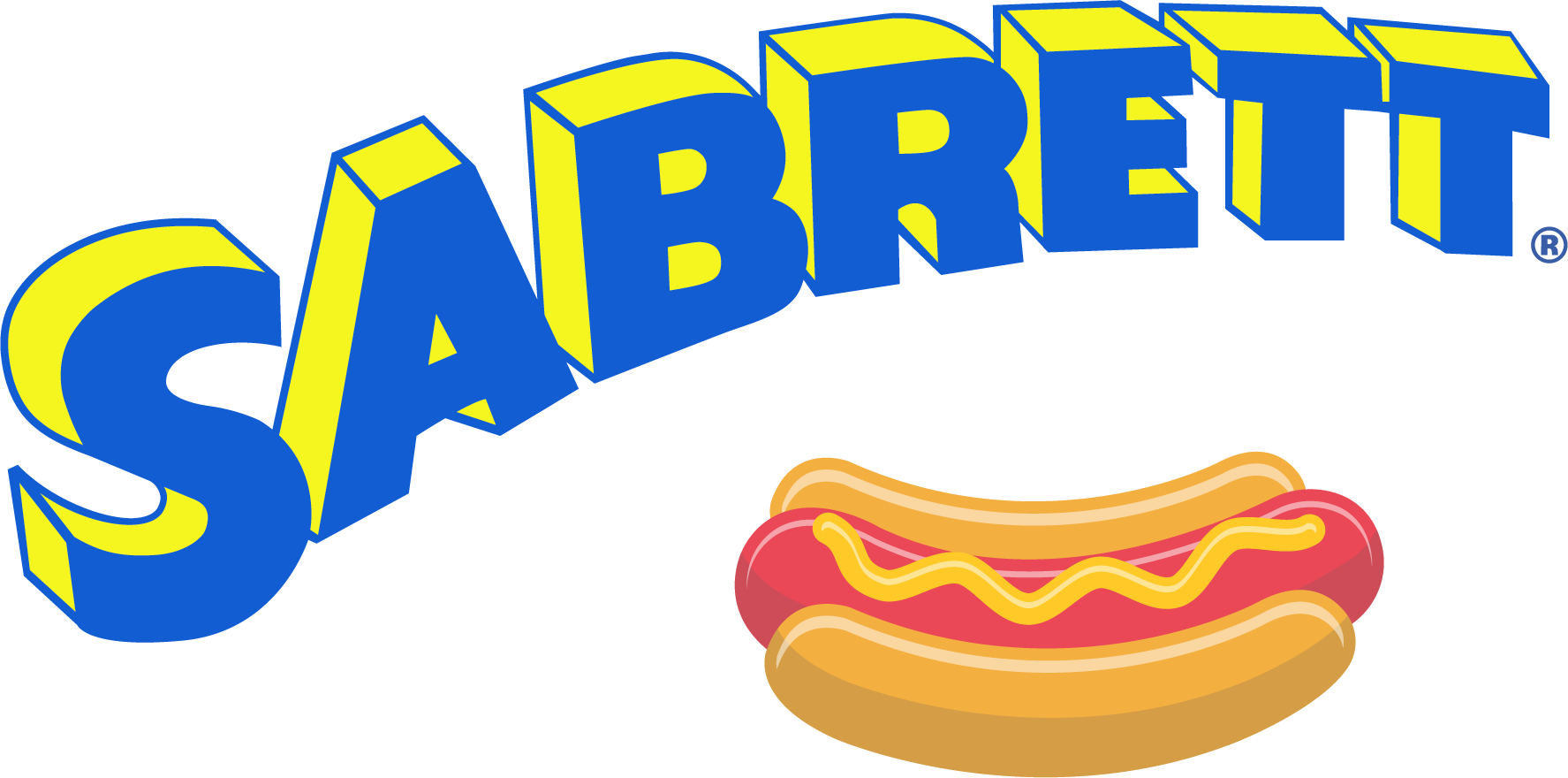 A sabrett logo with a hot dog on a white background