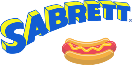 A sabrett logo with a hot dog on a white background