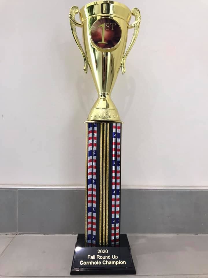 Gold trophy with red, white, and blue columns on a black base against a white wall