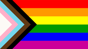 Progress Pride flag: rainbow stripes with black, brown, light blue, pink, and white chevron.