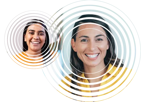 Two smiling women with concentric circle overlays.