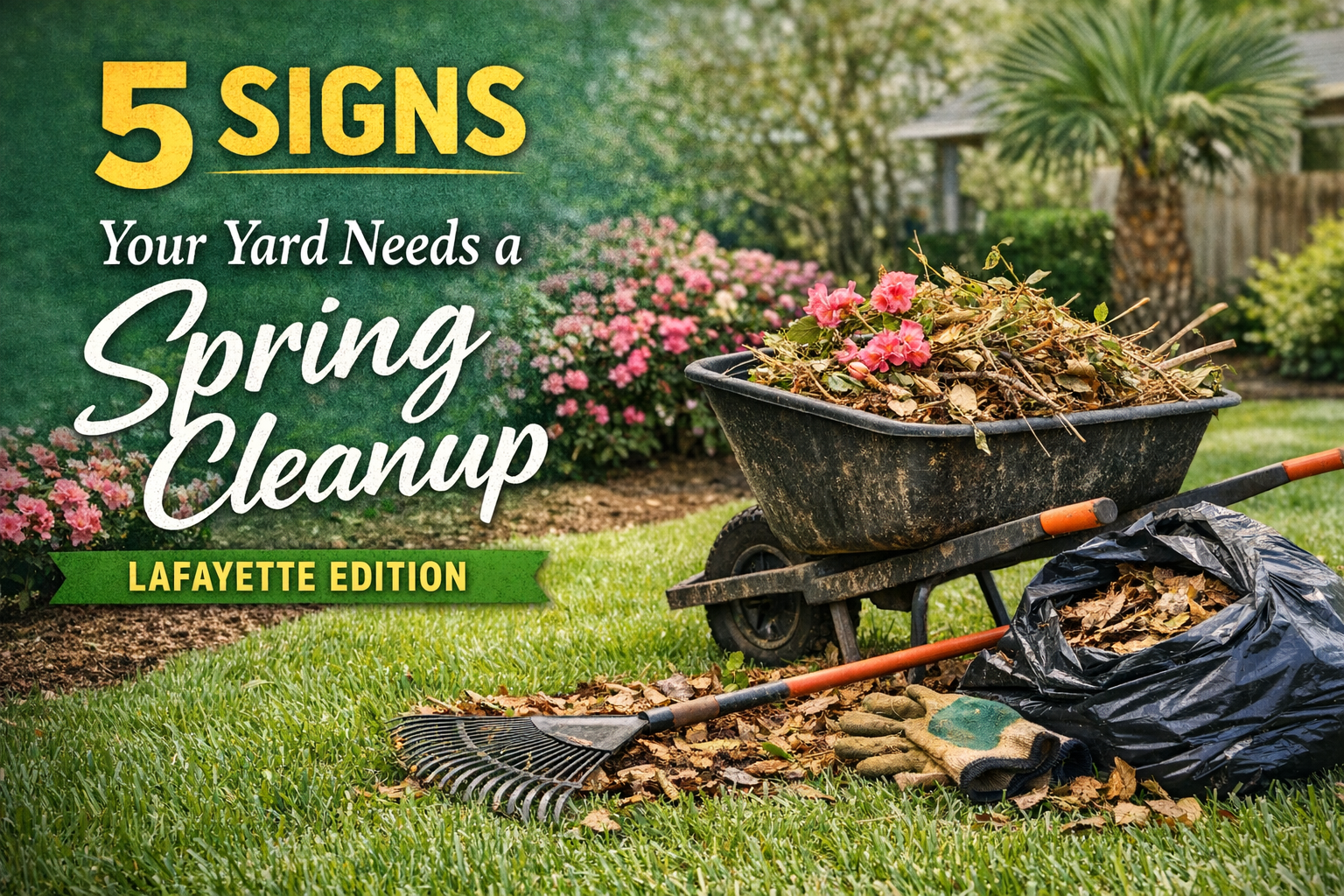 Spring yard cleanup in Lafayette, LA with wheelbarrow, rake, and fresh landscaping work.