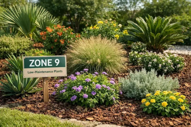 Zone 9 low‑maintenance garden bed in Lafayette, Louisiana featuring drought‑tolerant plants like agave, lantana, muhly grass, and palms under bright sunlight with a sign reading “ZONE 9 Low‑Maintenance Plants.