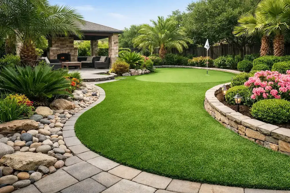 Curved stone path through a lush green artificial turf with palm trees. Beau Monde Lafayette LA Install. 