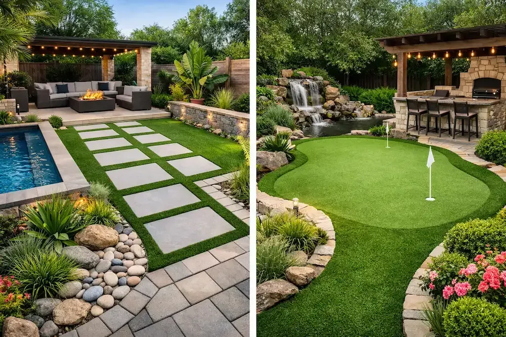 Split-view backyard artificial grass with landscape -Beau Monde installation-Lafayette LA 