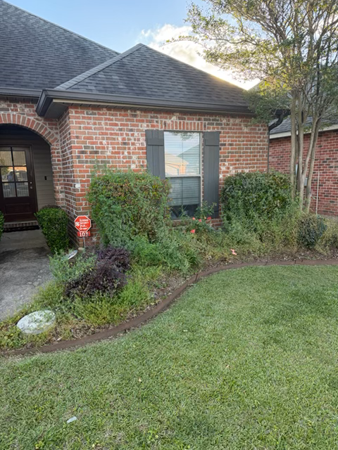 Front yard before landscaping, showing bare beds and overgrown areas in Lafayette, Louisiana.