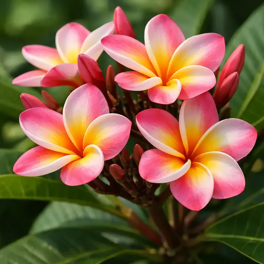 Cluster of pink and yellow plumeria flowers with green leaves