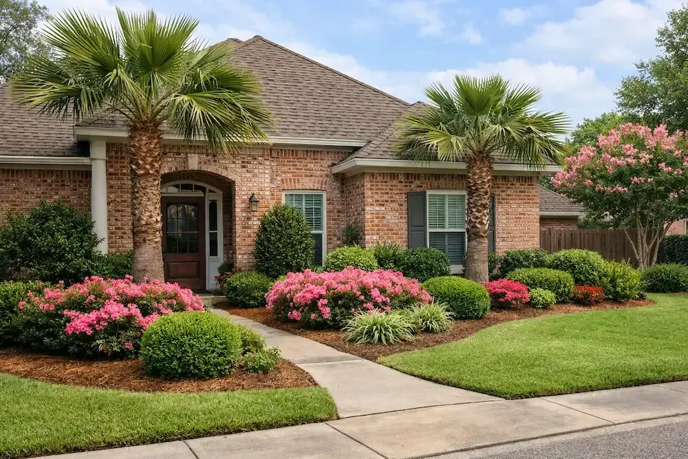 Brick house with palm trees, pink azaleas, and a manicured front lawn.