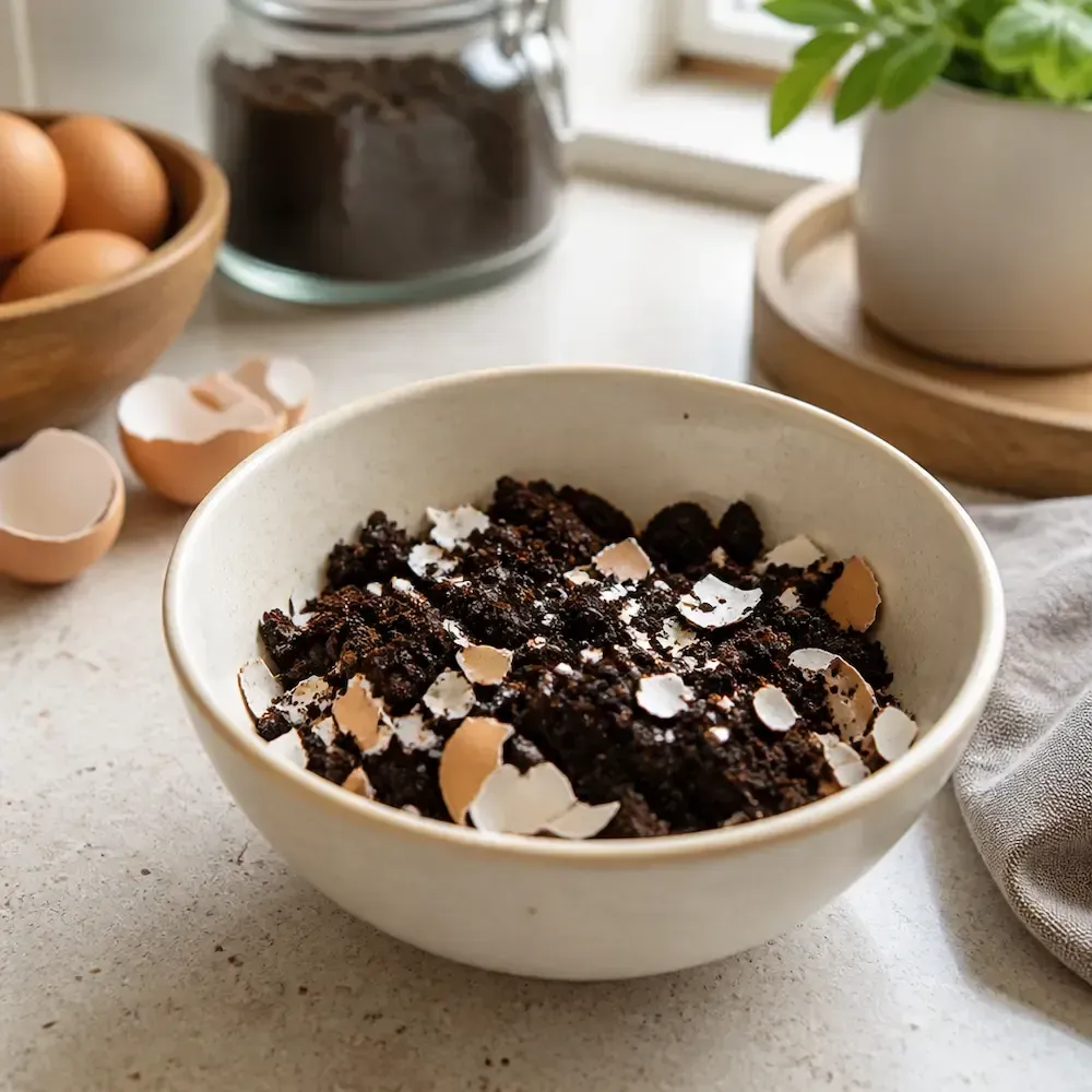 Bowl of used coffee grounds mixed with cracked eggshells on a kitchen counter beside fresh eggs and a potted plant.