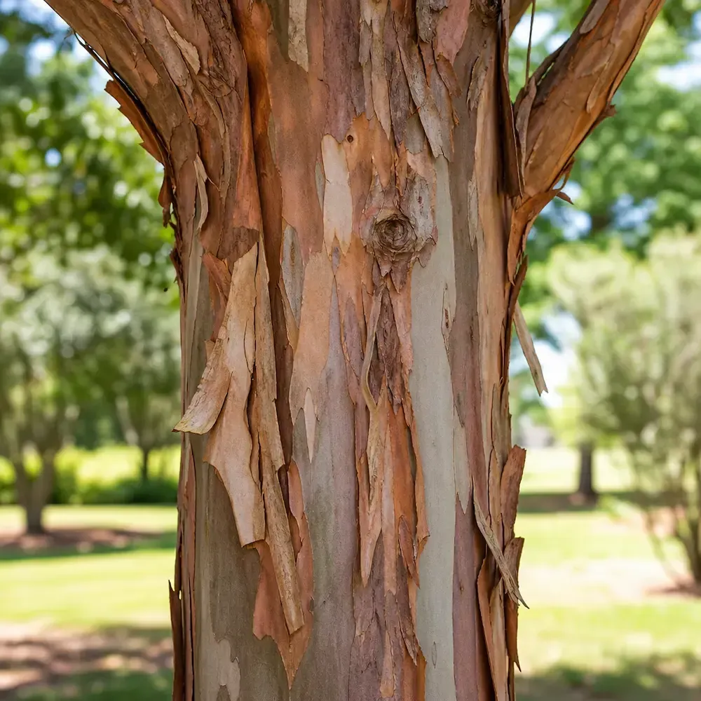 Close‑up of a crape myrtle tree trunk naturally shedding its bark, revealing smooth cinnamon and gray layers beneath in a sunny Louisiana landscape.