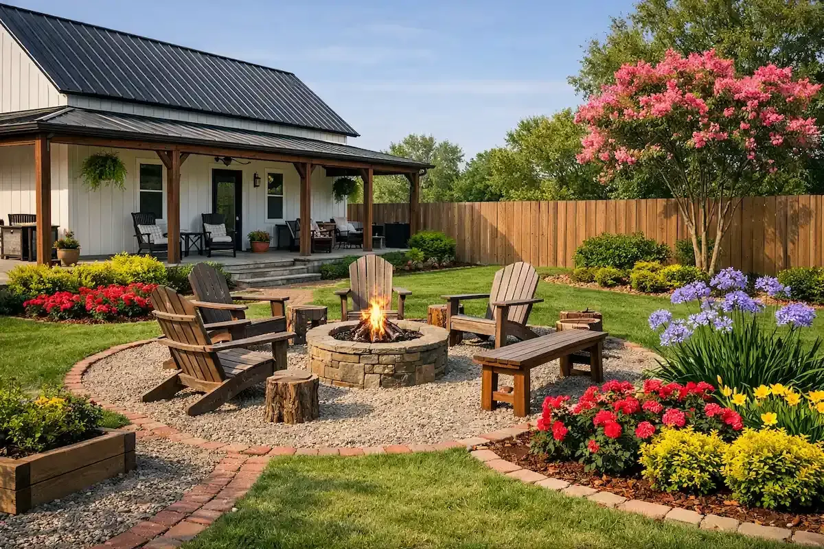 Farm House with fire pit, wooden chairs, and colorful flower beds beside a house