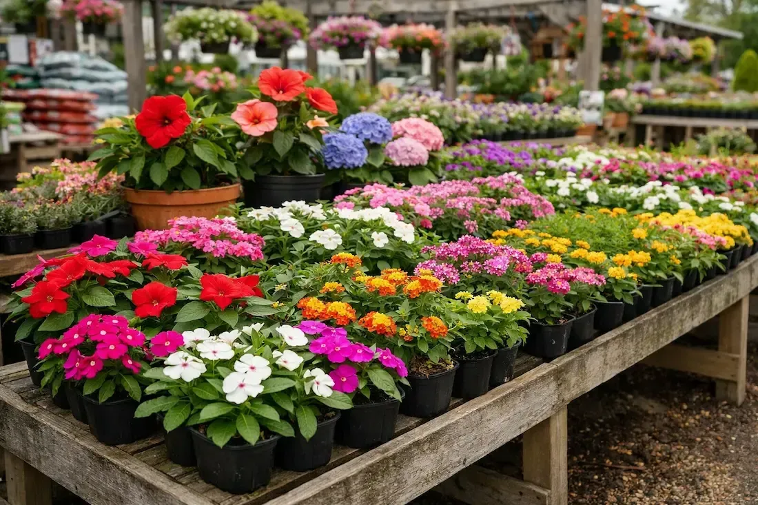 Display table of mixed annuals and perennials at Beau Monde garden center, Lafayette area.