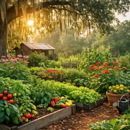 South Louisiana May Garden with tomatoes, peppers, squash, and blooming flowers under a live oak with Spanish moss.