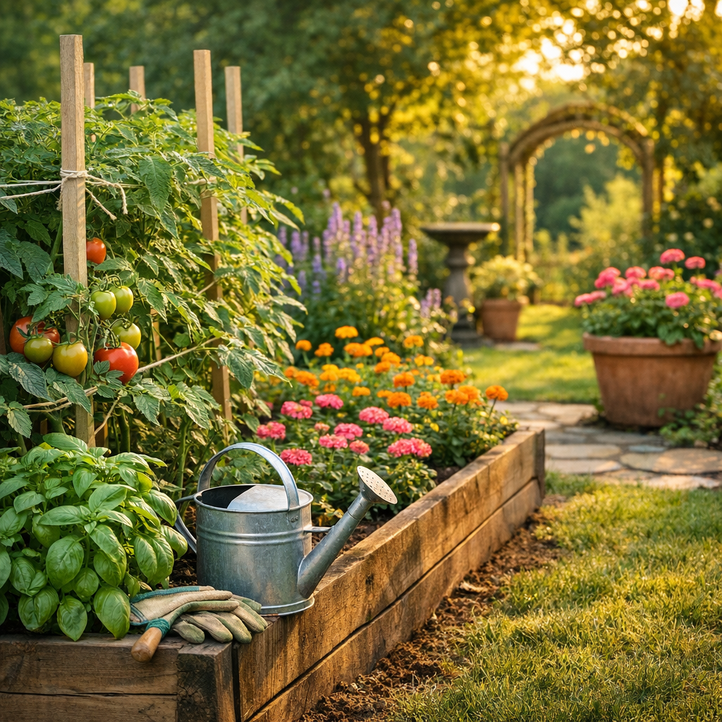 Raised garden bed with tomato plants and basil in warm Lafayette sunlight