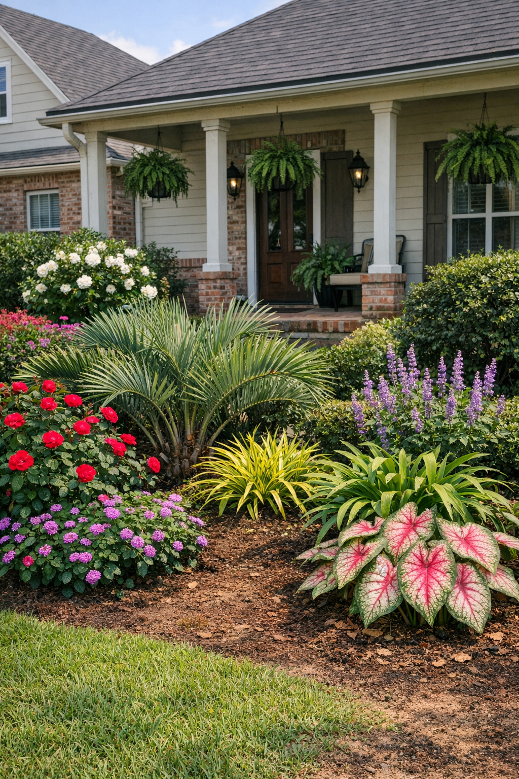 Residential front yard landscape in Lafayette LA with Knock Out roses, Pindo palm, Caladiums, and fresh mulch in natural sunlight.