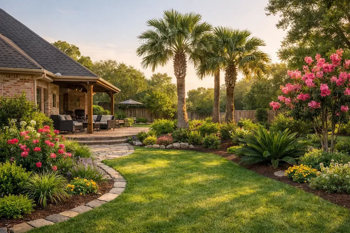 Landscaped a house with a manicured lawn, palm trees.