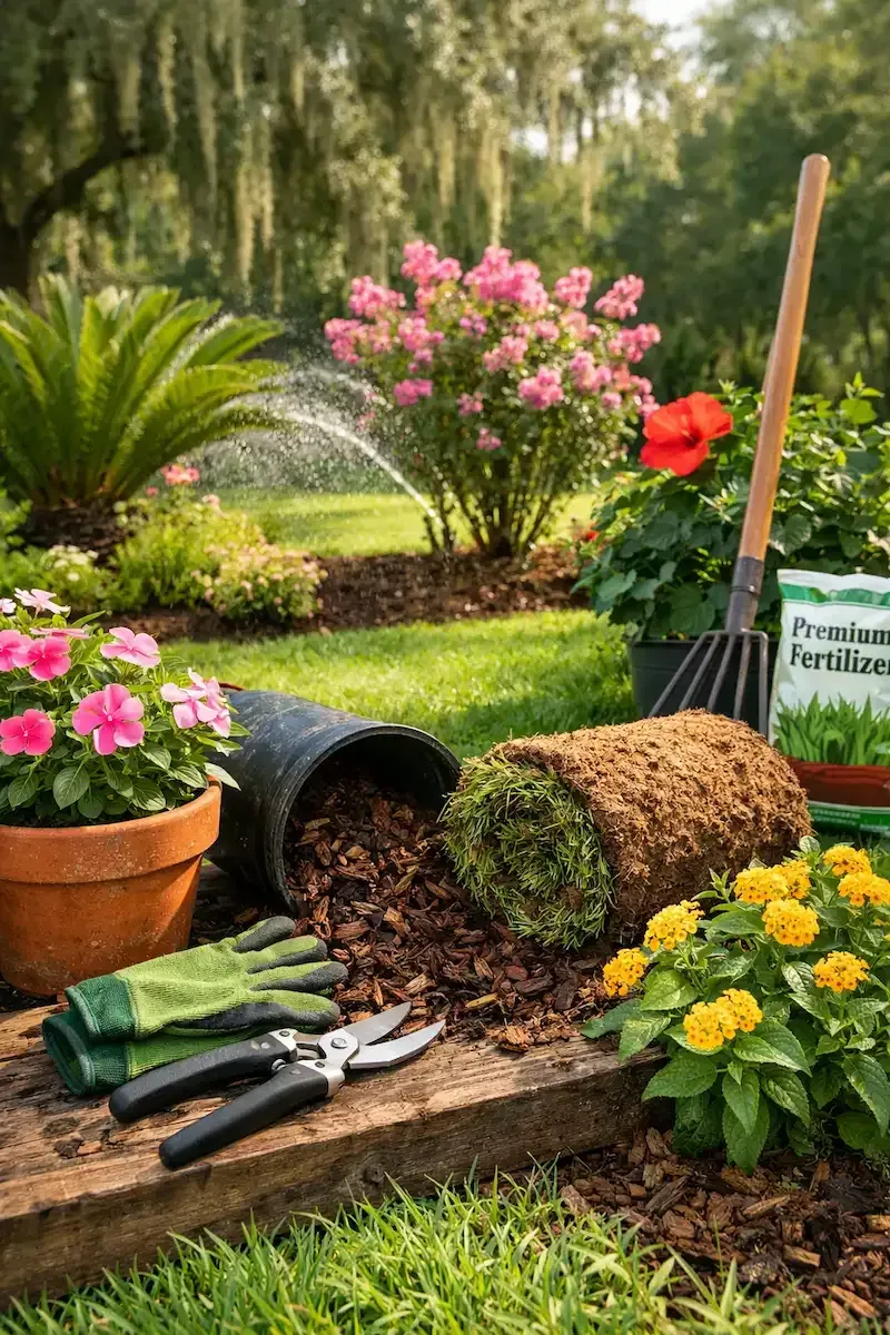 June landscaping in Lafayette, LA featuring palms, crape myrtle, hibiscus, and fresh sod with mulch and garden tools from Beau Monde Nursery Landscape & Florist.