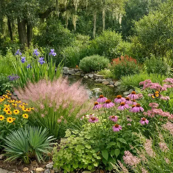 Native Louisiana garden featuring Black‑Eyed Susans, Coneflowers, Swamp Milkweed, Gulf Muhly Grass, and Louisiana Irises around a small pond with butterflies and moss‑draped trees in the background.
