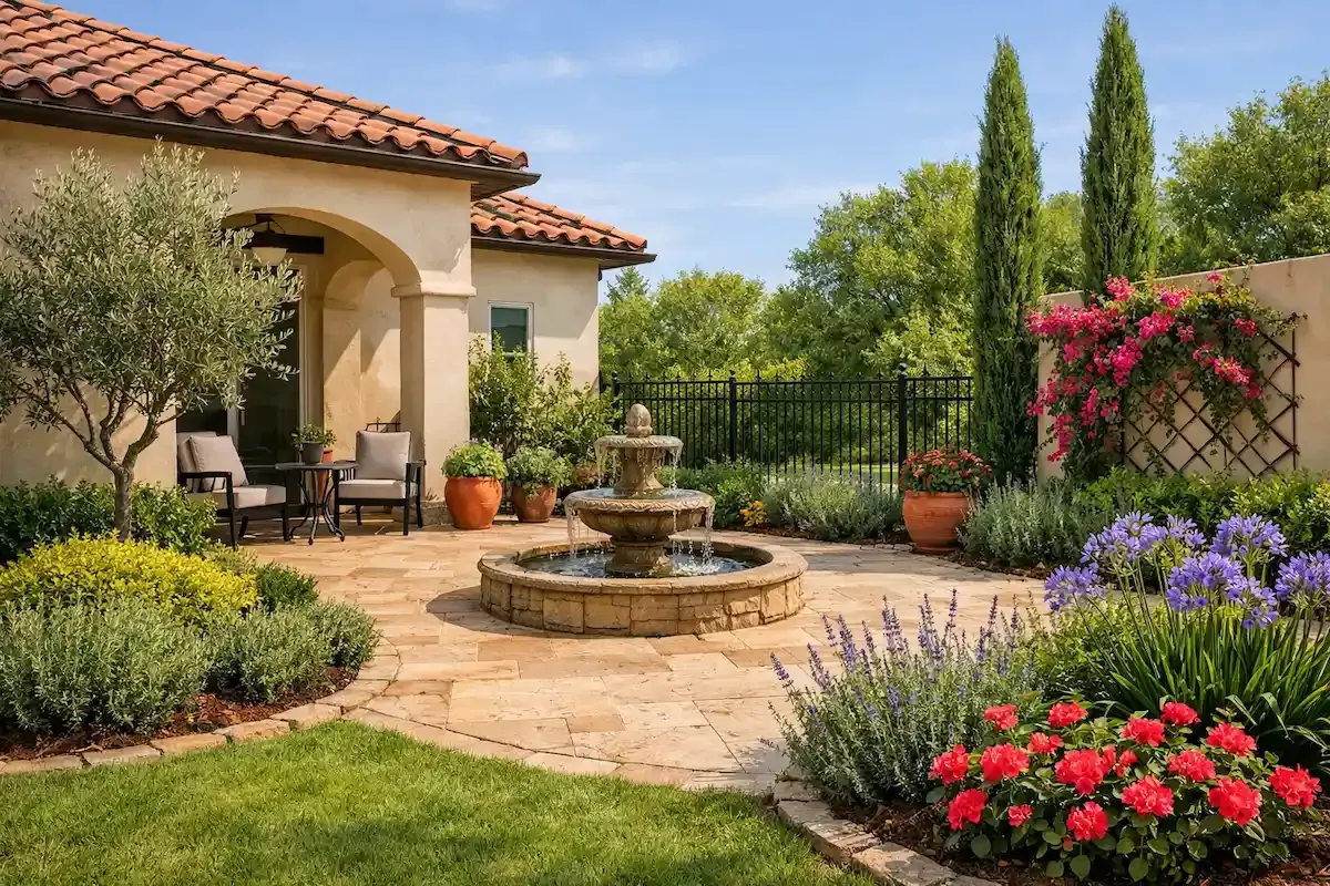 Mediterranean-style garden patio with fountain, flowers, potted plants, and a shaded seating area