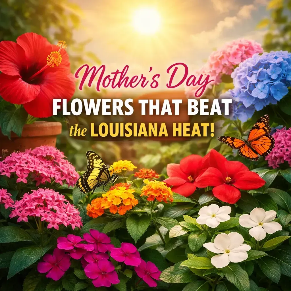 Mother’s Day graphic featuring heat‑tolerant flowers and bright colors, created for a garden center in the Lafayette area.