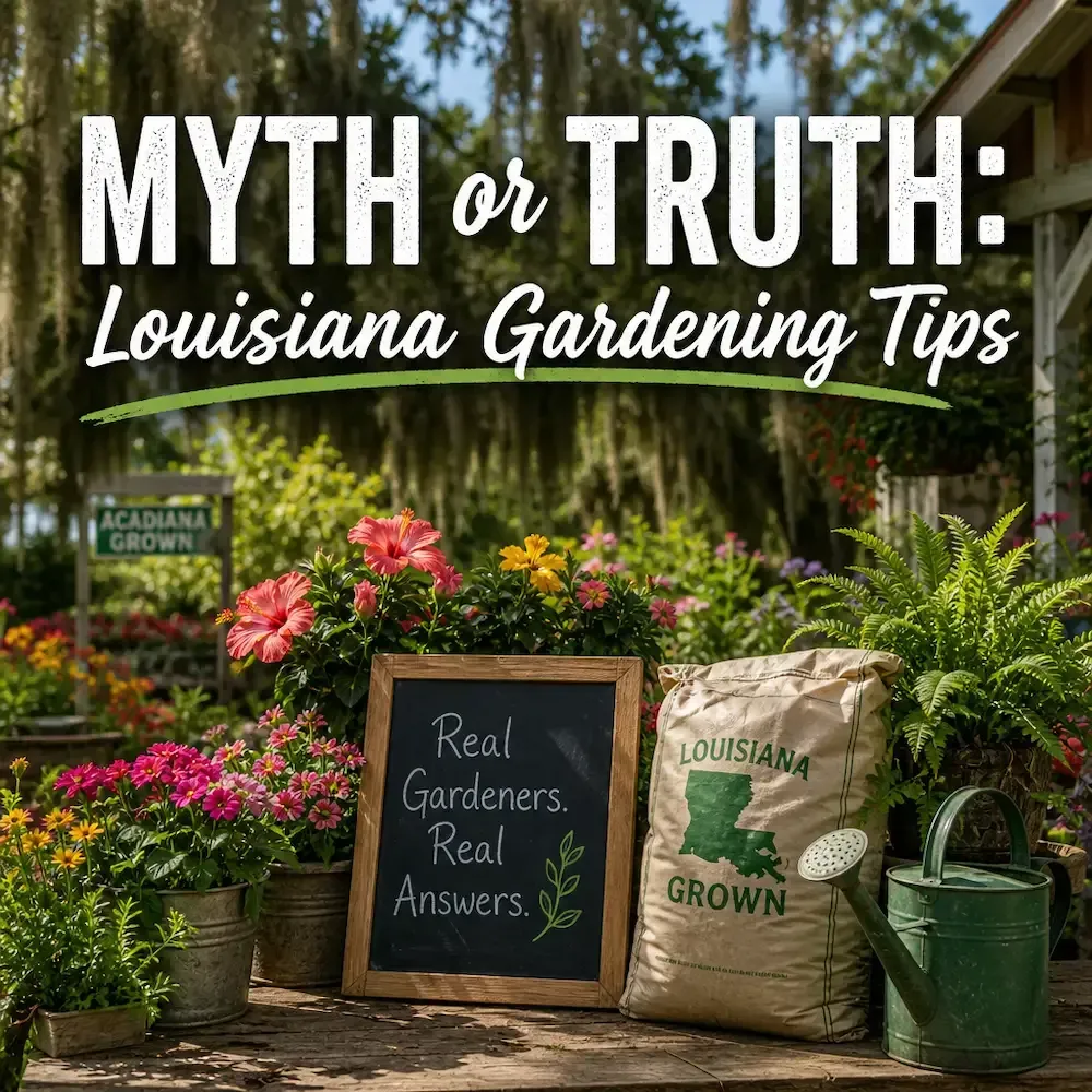 Garden center sign reading “MYTH or TRUTH: Louisiana Gardening Tips” with flowers and bags of Louisiana-grown soil.