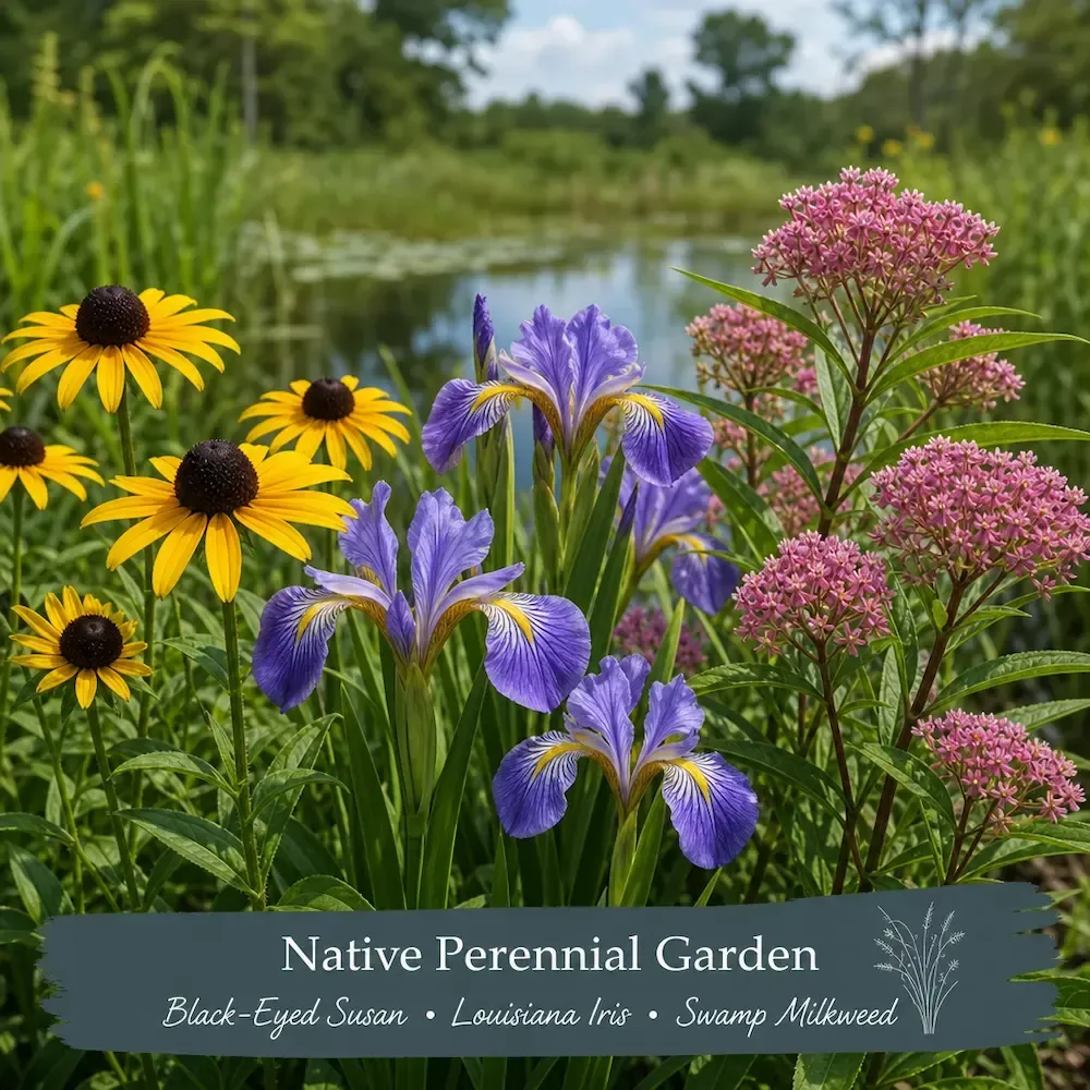 Native perennial garden featuring Black‑Eyed Susan, Louisiana Iris, and Swamp Milkweed in a South Louisiana landscape.