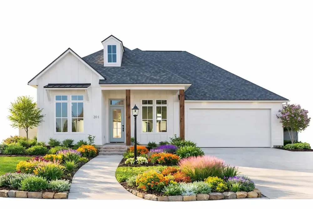Front yard landscape featuring a Little Gem Magnolia and Crape Myrtle framing a modern Southern cottage in Lafayette, LA. 