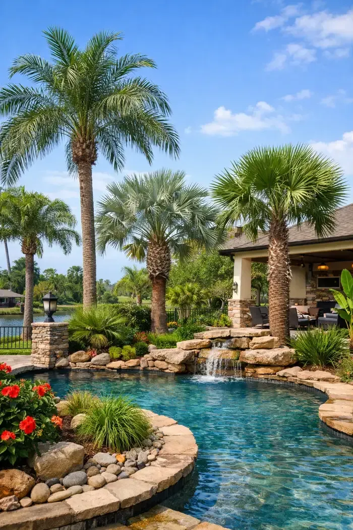South Louisiana backyard landscape featuring Queen, Pindo, and Windmill palms around a pool with rock waterfall, hibiscus flowers, and tropical plants under a bright blue sky.