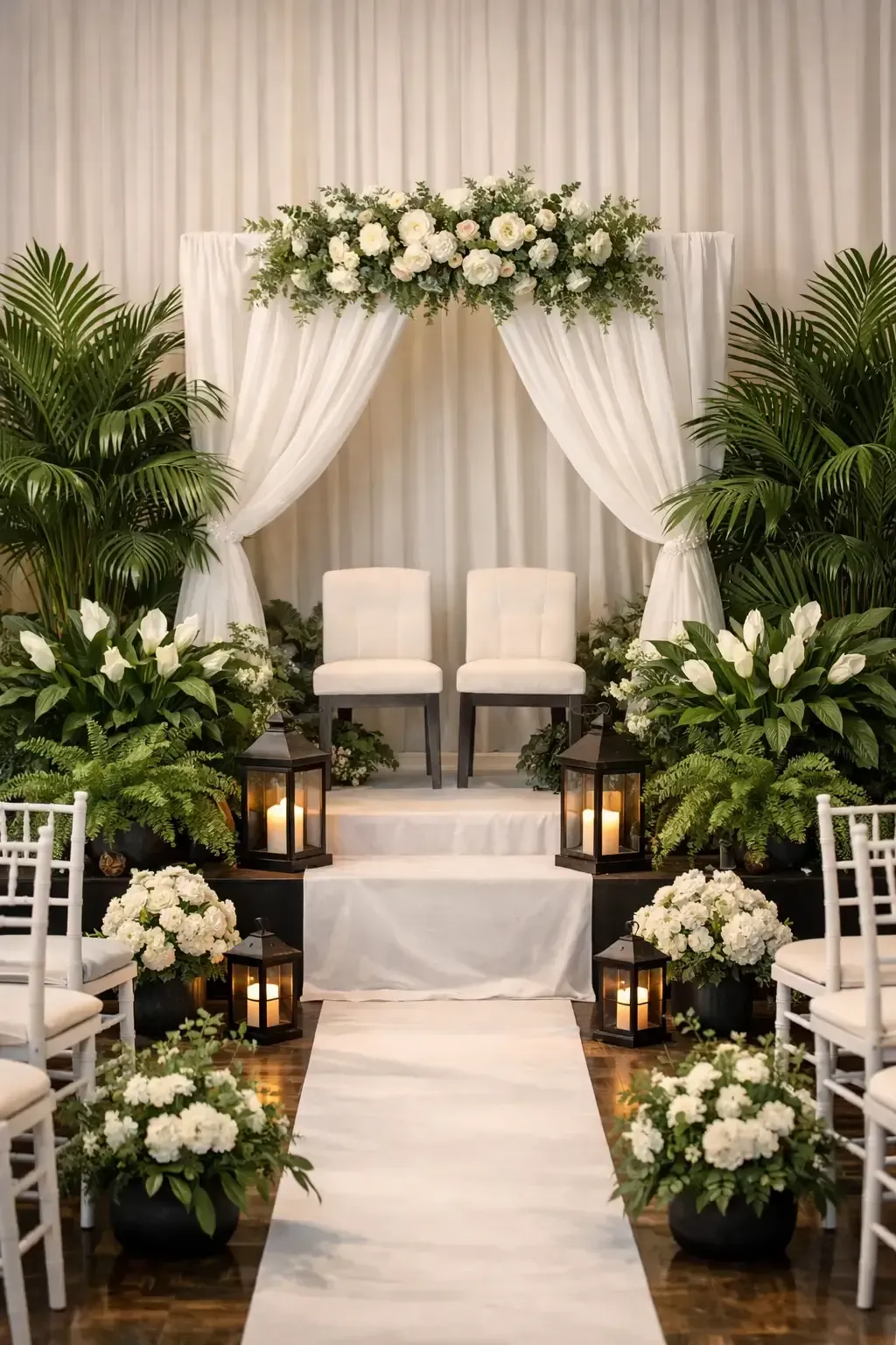 Elegant Lafayette, LA wedding ceremony setup featuring live plant rentals from Beau Monde Nursery with palms, ferns, and lilies around a white draped arch.