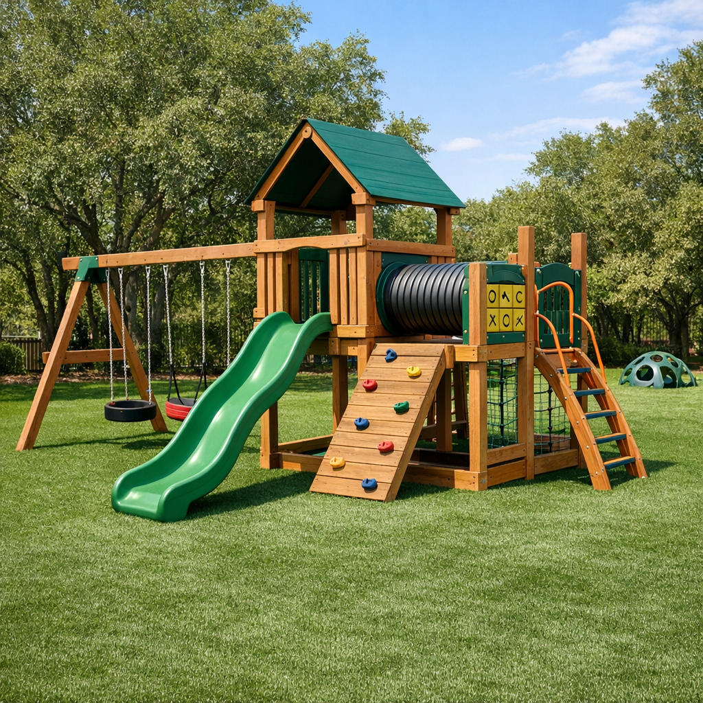 Wooden playground with swings, slide, climbing wall, and tunnel in artificial