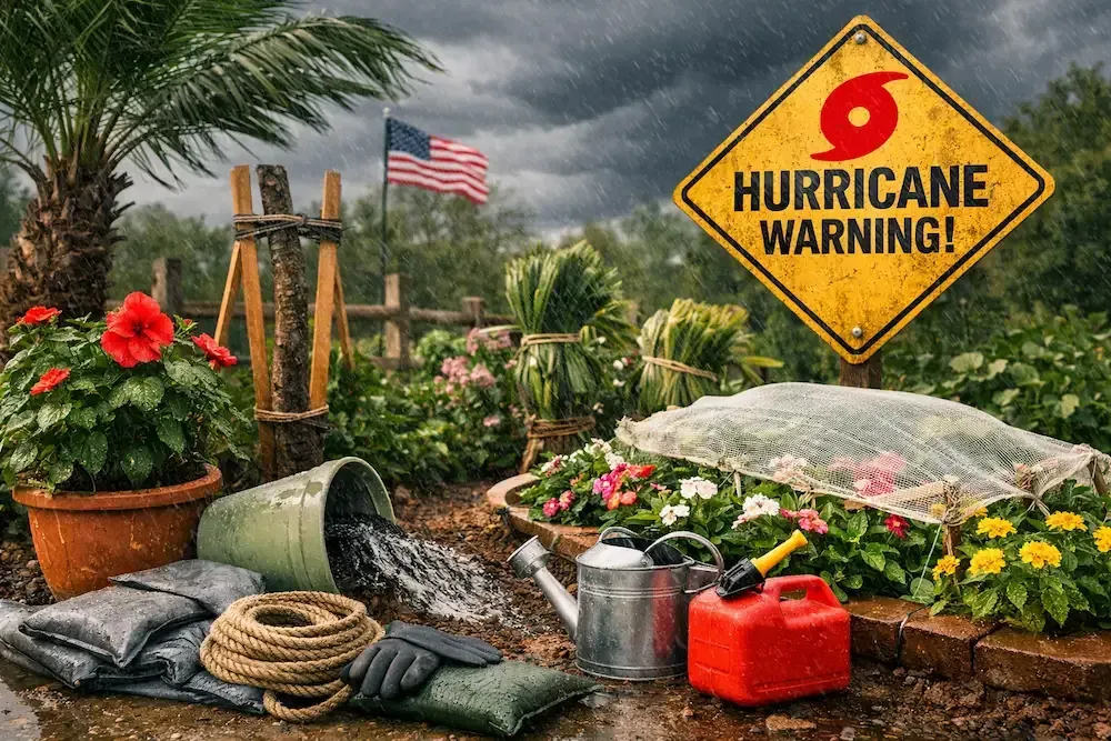   
South Louisiana landscape with healthy trees and garden beds prepared for hurricane season.
