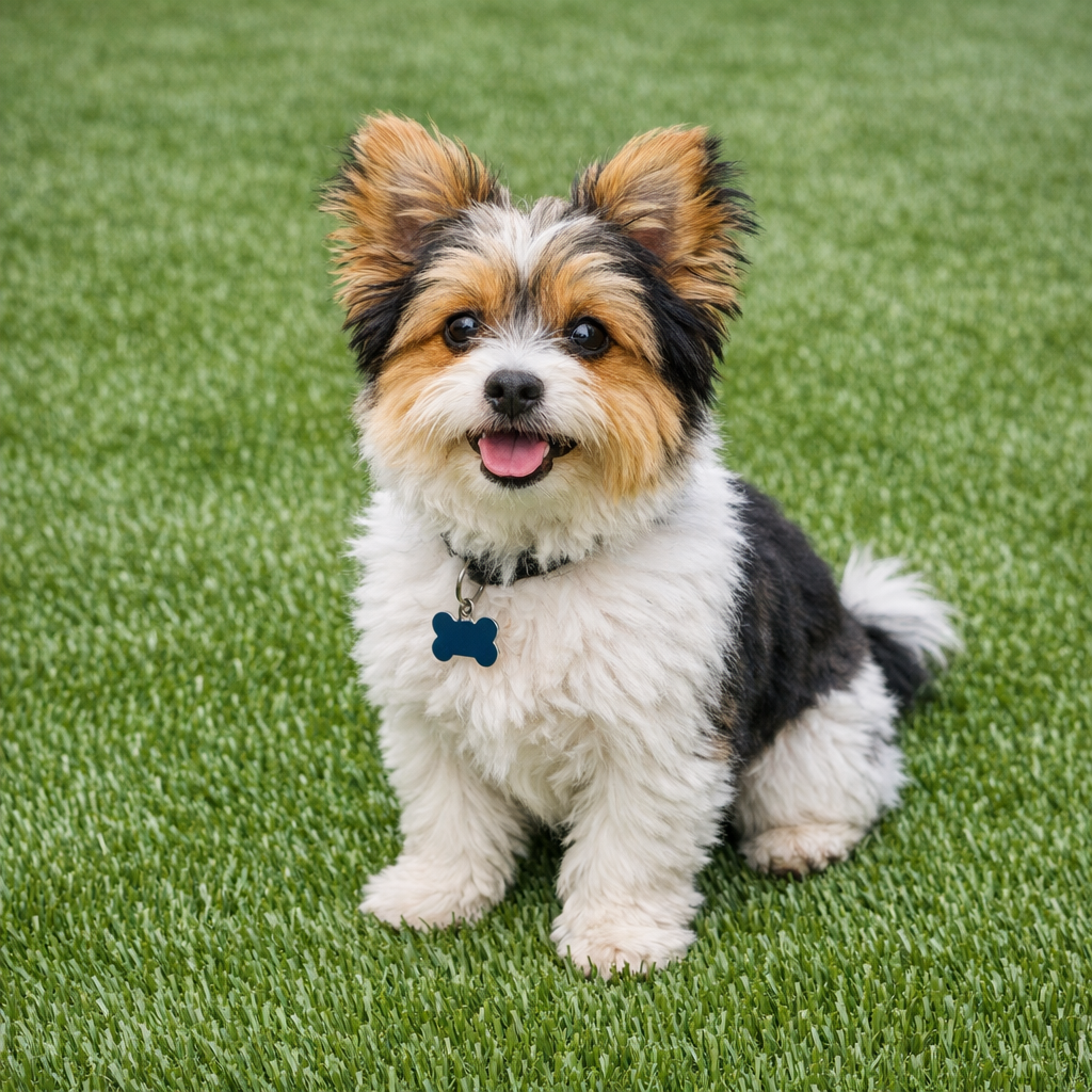 Small, fluffy dog with tricolor fur sits on green grass, smiling.