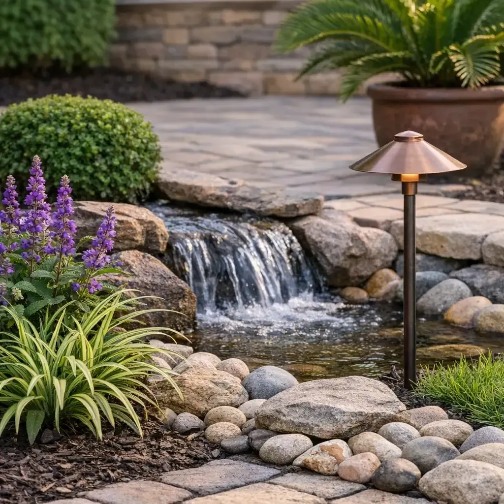 
Landscaped backyard with flowers, river rock border, small waterfall, and copper path light beside a sago palm.
