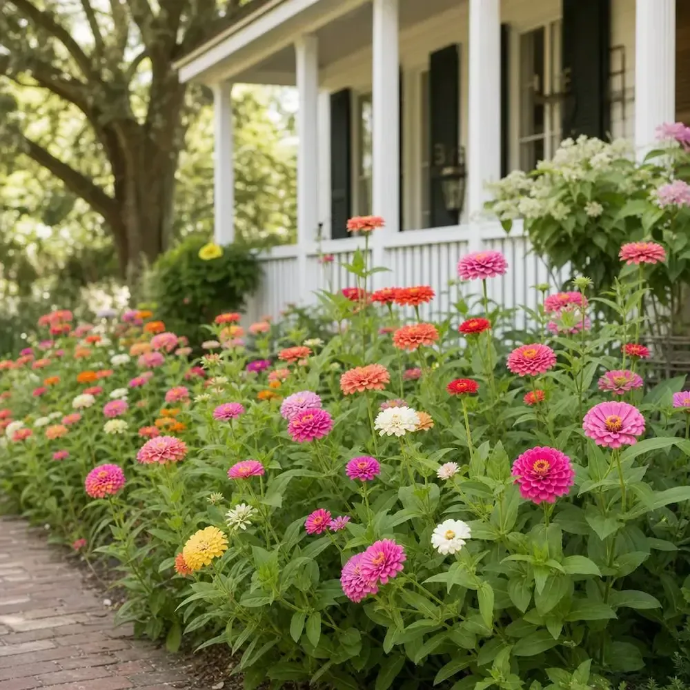 Southern Living‑style zinnia garden in Lafayette, Louisiana — vibrant summer blooms along a white porch walkway.