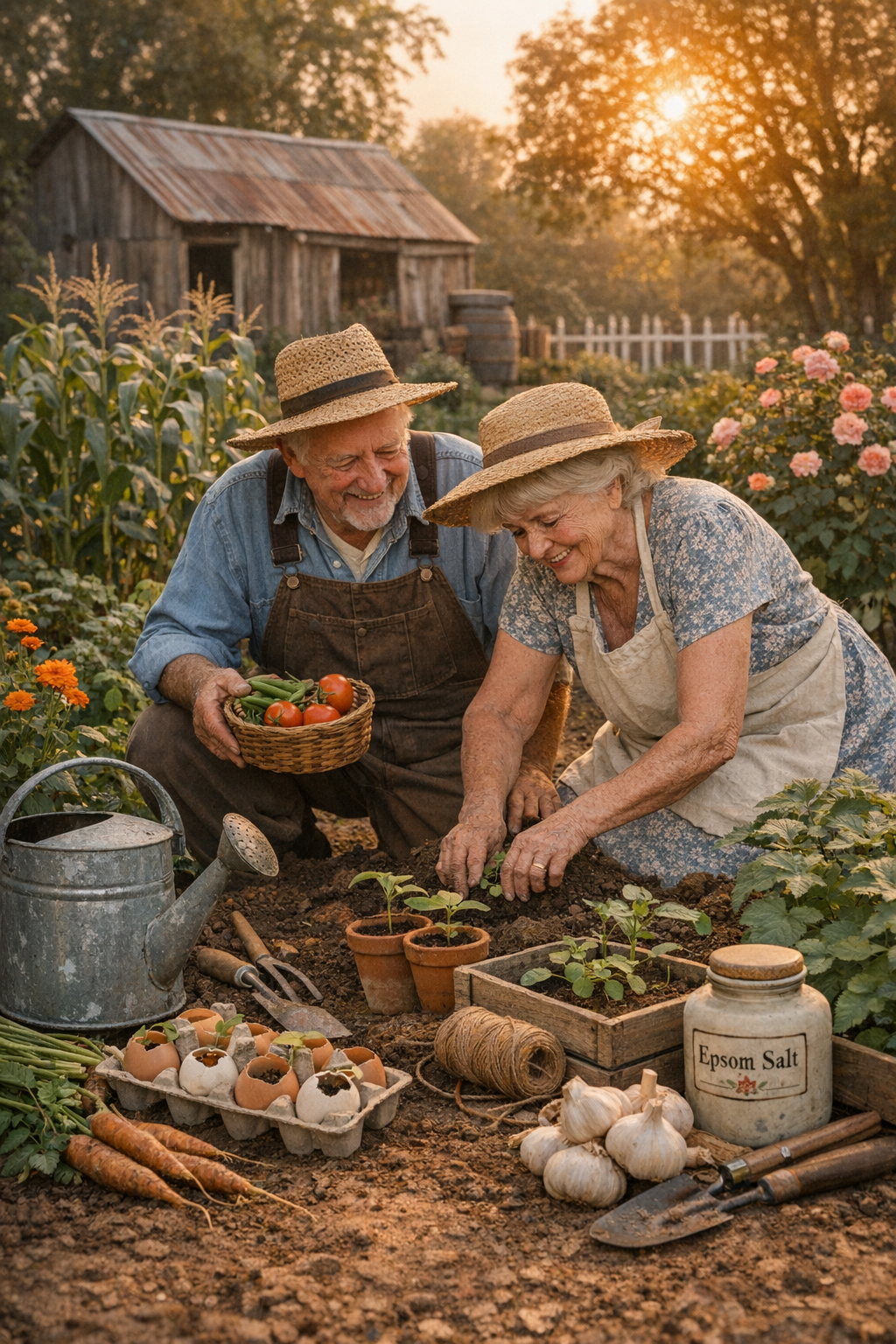 Elderly couple gardening together, sharing timeless planting tips