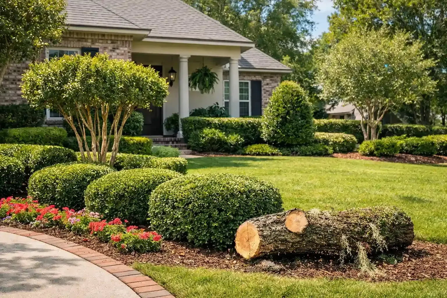 Landscaped front yard with trimmed shrubs, flowers, and a freshly cut tree trunk near the curb