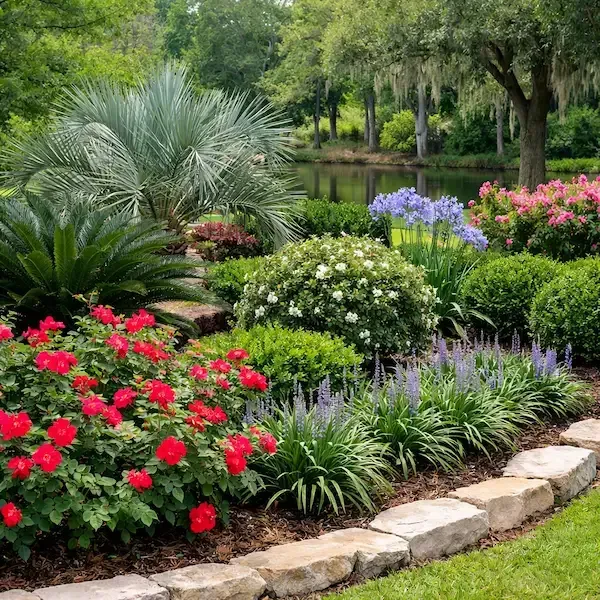 South Louisiana landscape featuring Drift Roses, Sago Palm, Pindo Palm, Azaleas, and Liriope along a stone‑bordered garden bed beside a pond in Lafayette, LA.