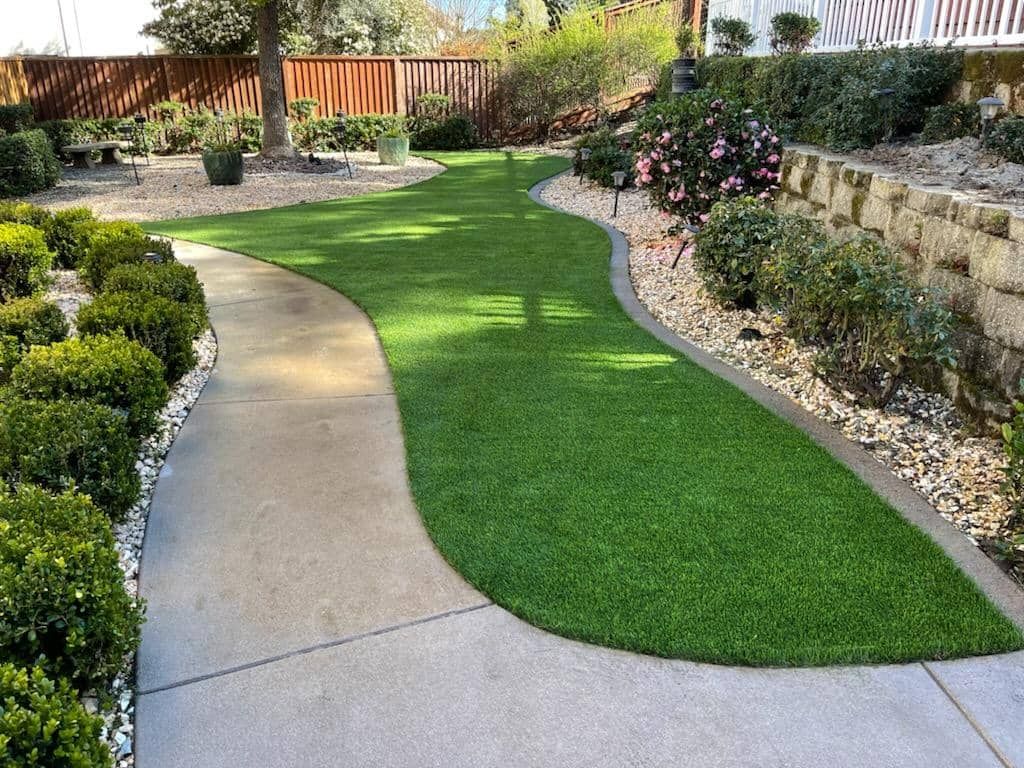 Curving concrete path through a lush green lawn, bordered by neatly trimmed shrubs and small rocks.
