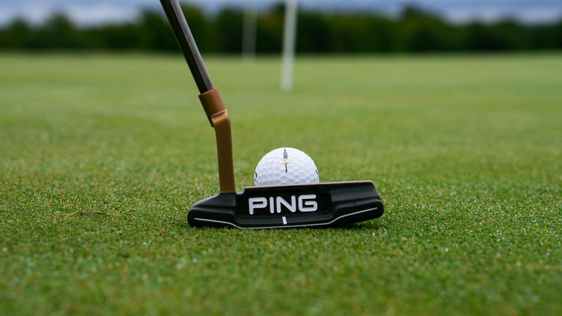 Golf putter with a ball on green; in the background, a flag and field.