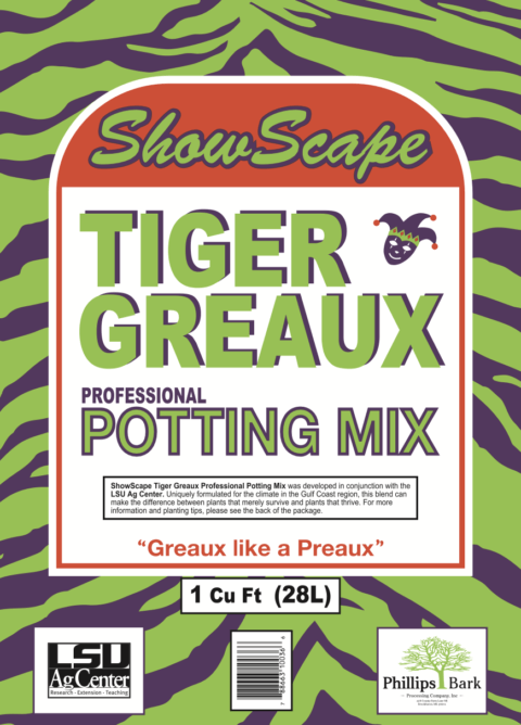 Tiger Greaux potting mix formulated by LSU Agriculture, is available at our garden center