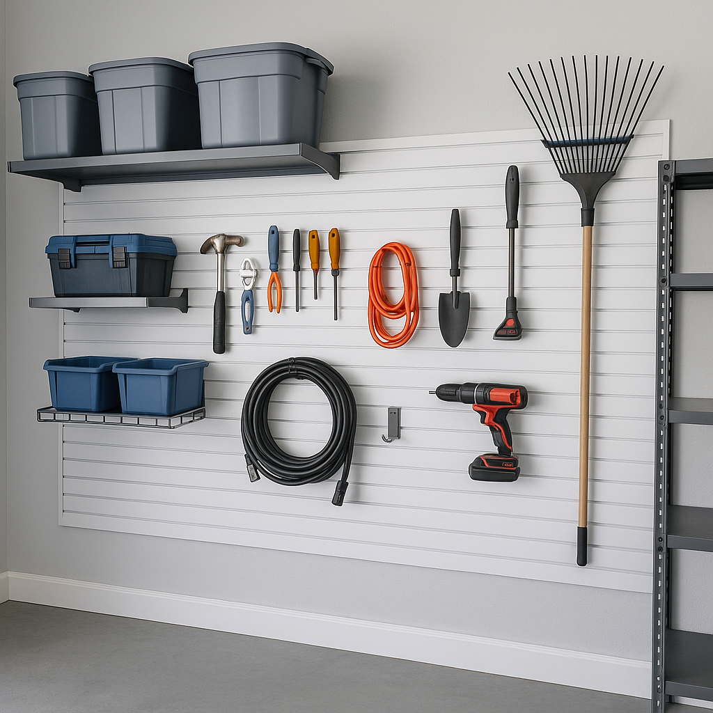 Garage storage wall with tools, shelves, and bins.