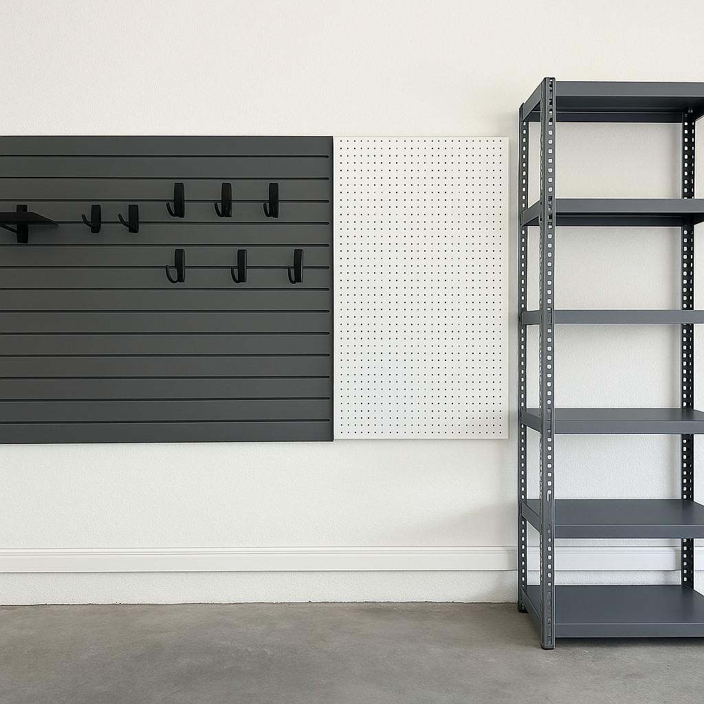 Garage storage: black slatwall with hooks, white pegboard, and gray metal shelving on a concrete floor.