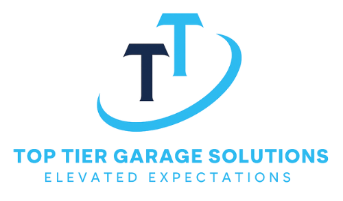 Logo for Top Tier Garage Solutions: Two blue letter Ts, one dark blue and one light blue, surrounded by a blue swoop. Text reads