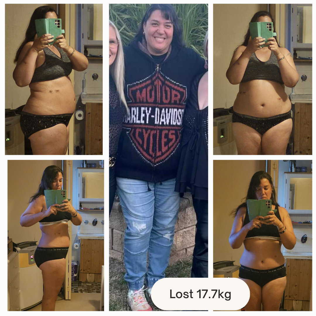 A woman in a harley davidson shirt has lost 17.7kg